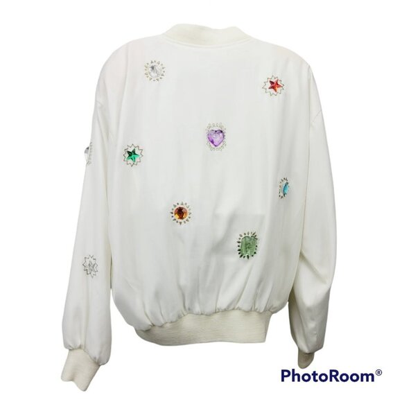 Minimalist Neutral White pearl embellished Embroidered Zip Up Jacket size M - Picture 5 of 15